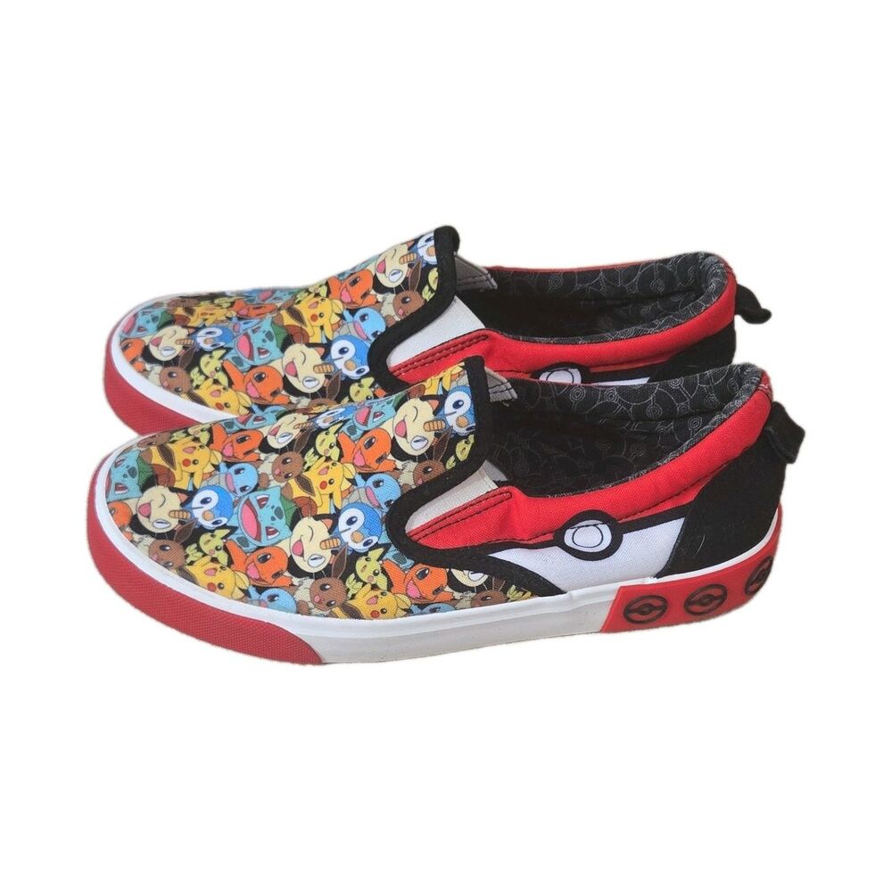Pokemon Unisex Kids Red/Black/White Slip-On Canvas Shoes US 4 Low Top